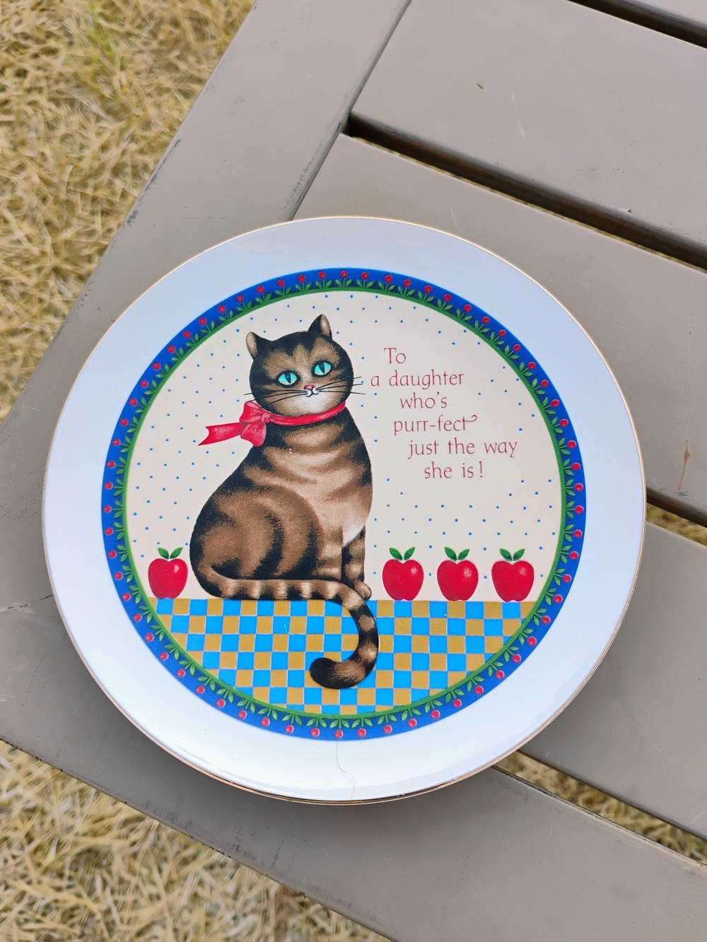 Decorative Cat Plate in Blue, Red and Brown – Gift for Daughter